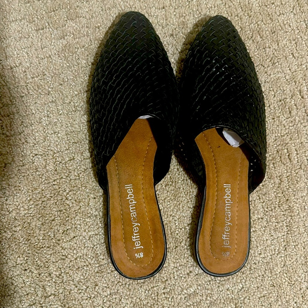 Jeffrey Campbell Dashi Woven Leather Slip On Open Back Flat Mules Black 8.5